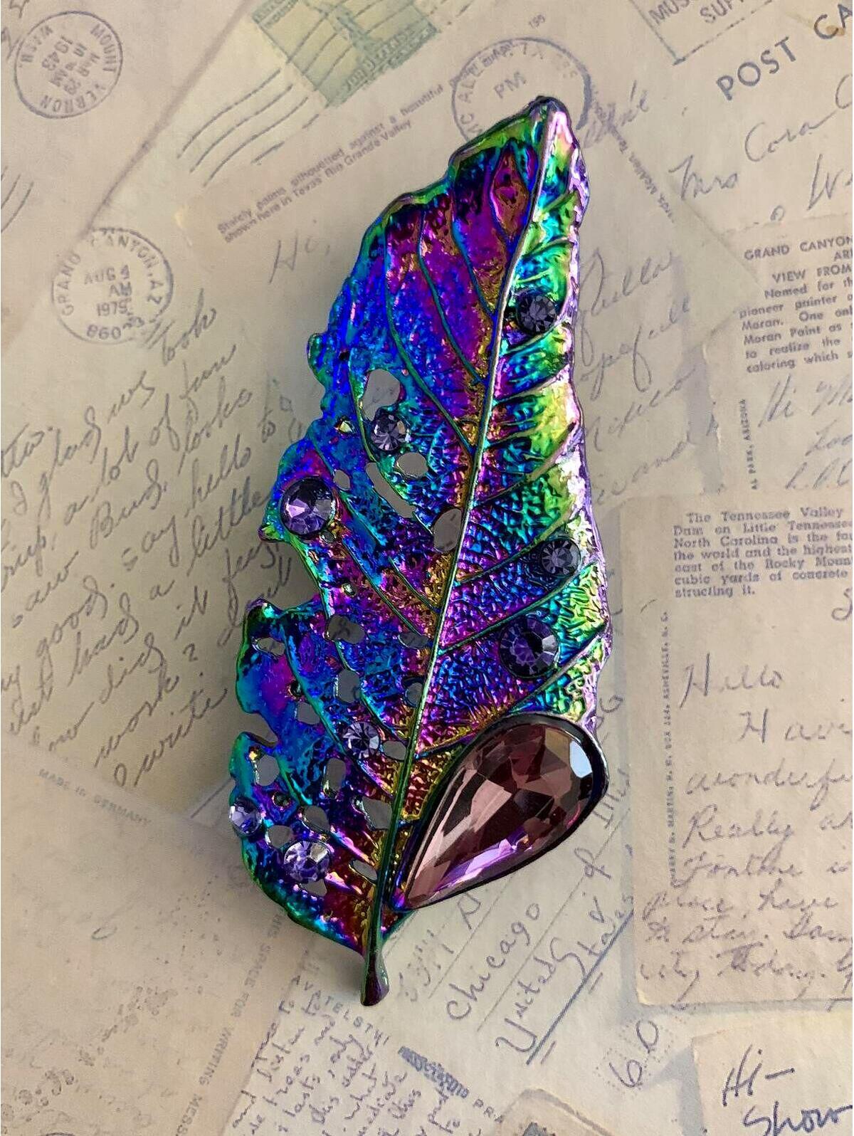 Iridescent Oil Slick Leaf Purple Rhinestone Statement Brooch